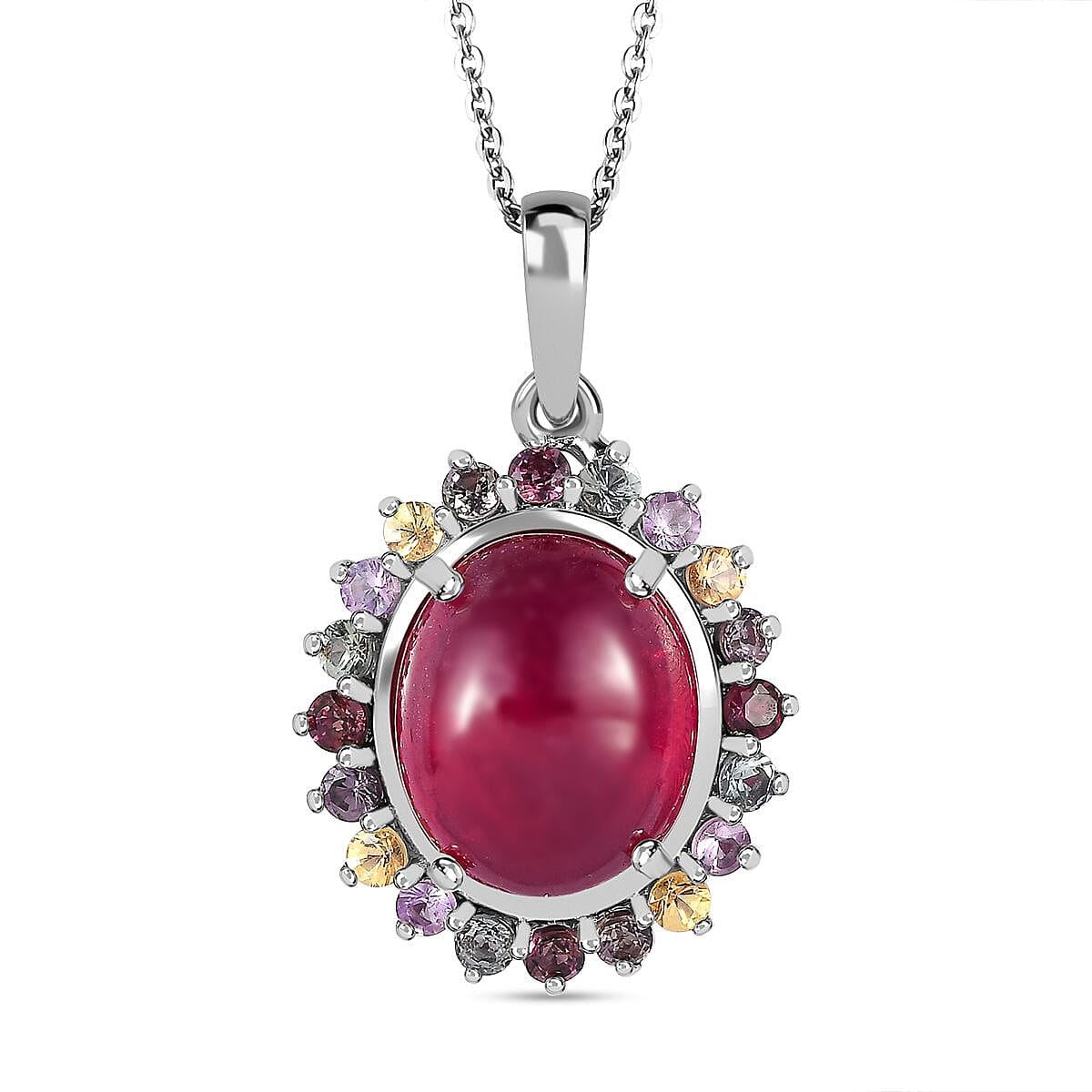 African Ruby & Multi Sapphire Halo Pendant With Chain (Size 20) in Platinum Overlay Sterling Silver 9.12 Ct