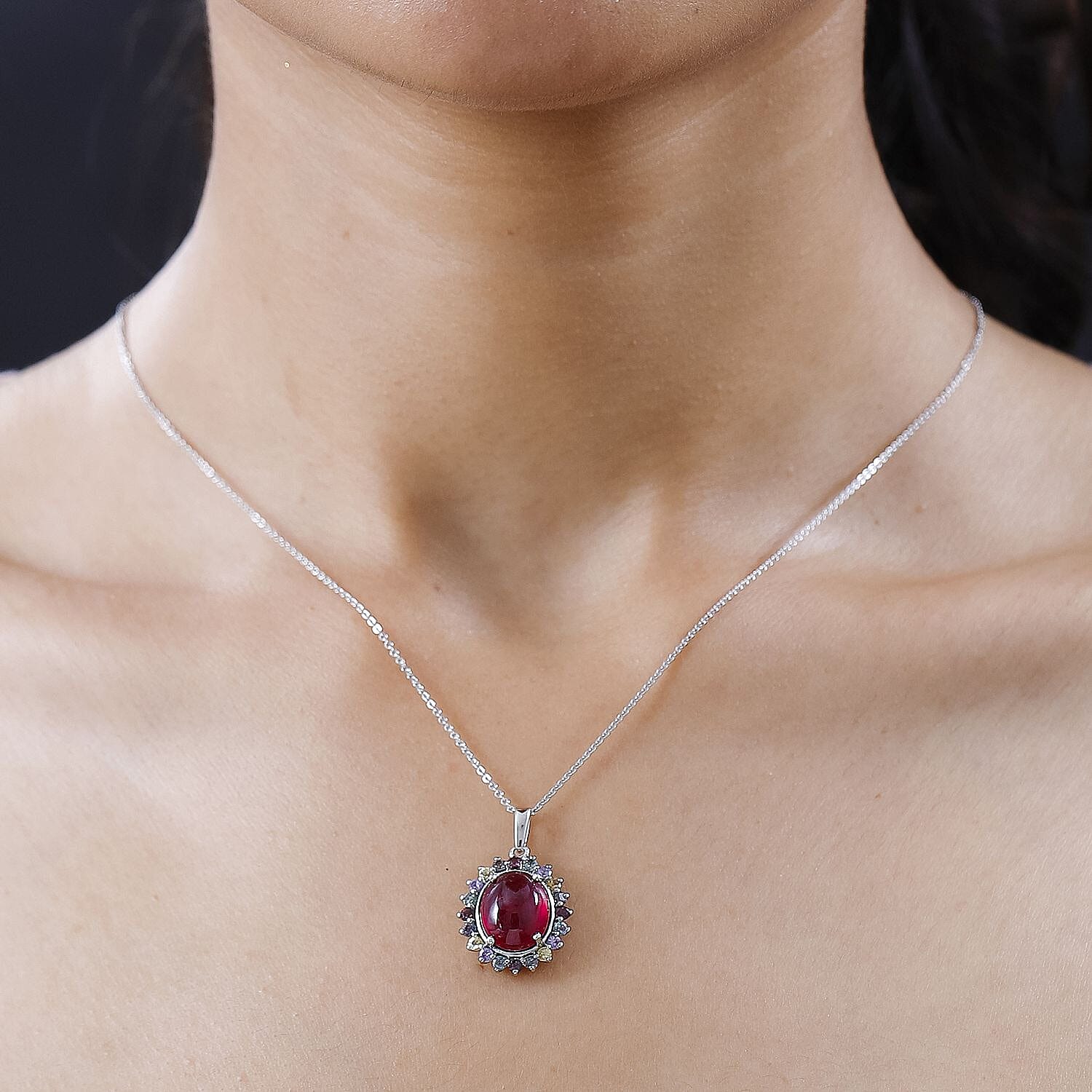 African Ruby & Multi Sapphire Halo Pendant With Chain (Size 20) in Platinum Overlay Sterling Silver 9.12 Ct
