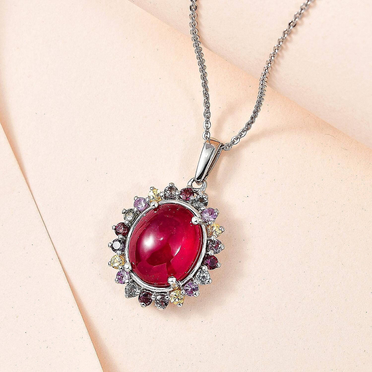 African Ruby & Multi Sapphire Halo Pendant With Chain (Size 20) in Platinum Overlay Sterling Silver 9.12 Ct