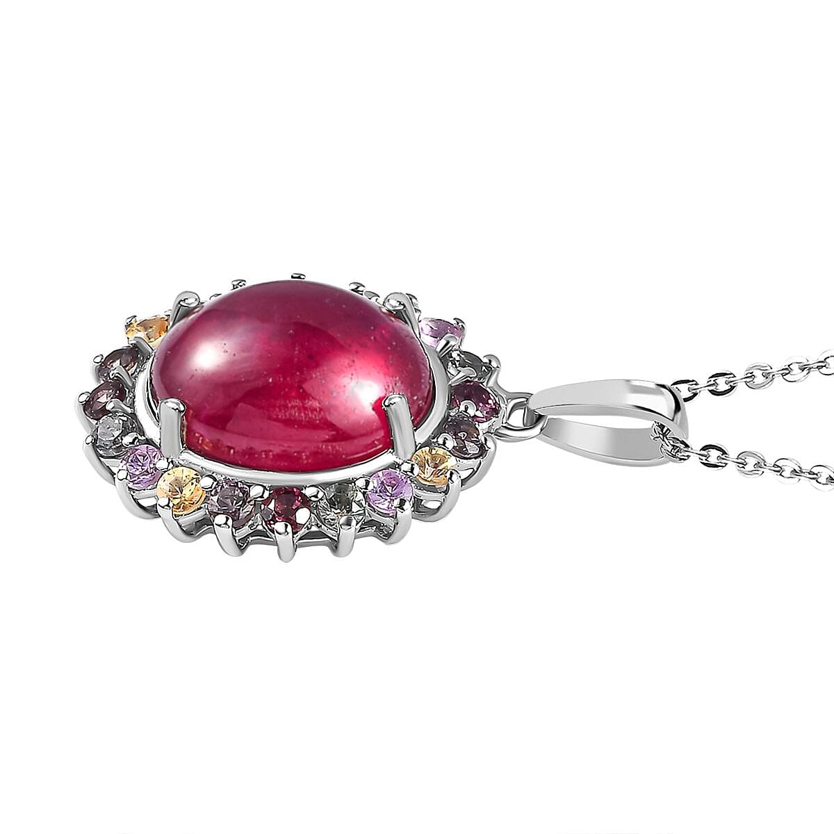 African Ruby & Multi Sapphire Halo Pendant With Chain (Size 20) in Platinum Overlay Sterling Silver 9.12 Ct