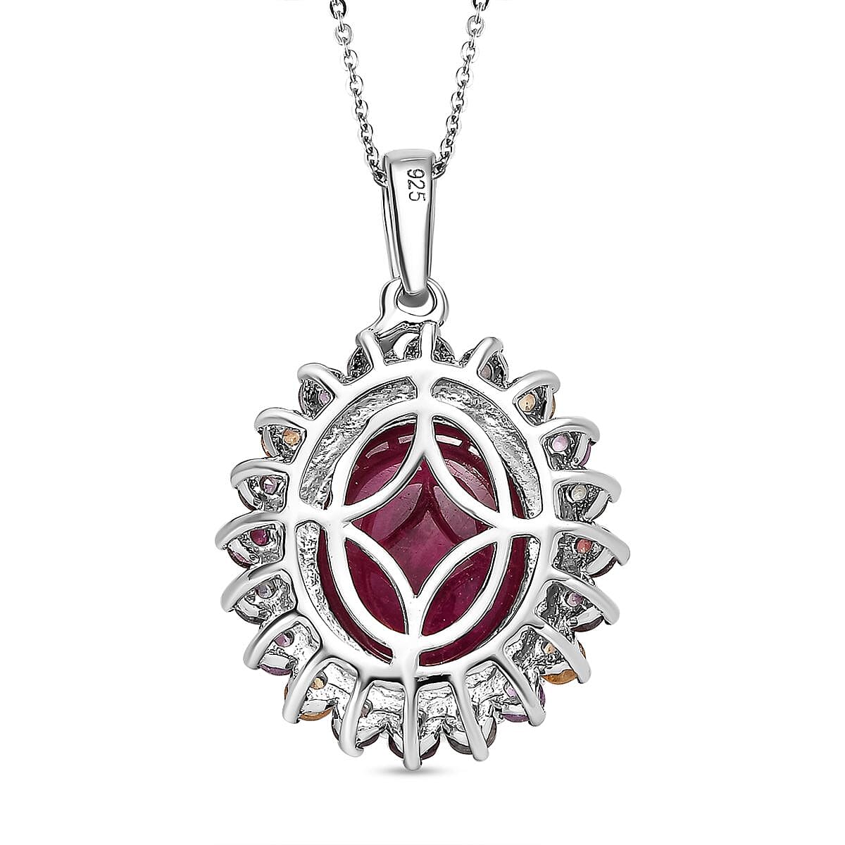 African Ruby & Multi Sapphire Halo Pendant With Chain (Size 20) in Platinum Overlay Sterling Silver 9.12 Ct