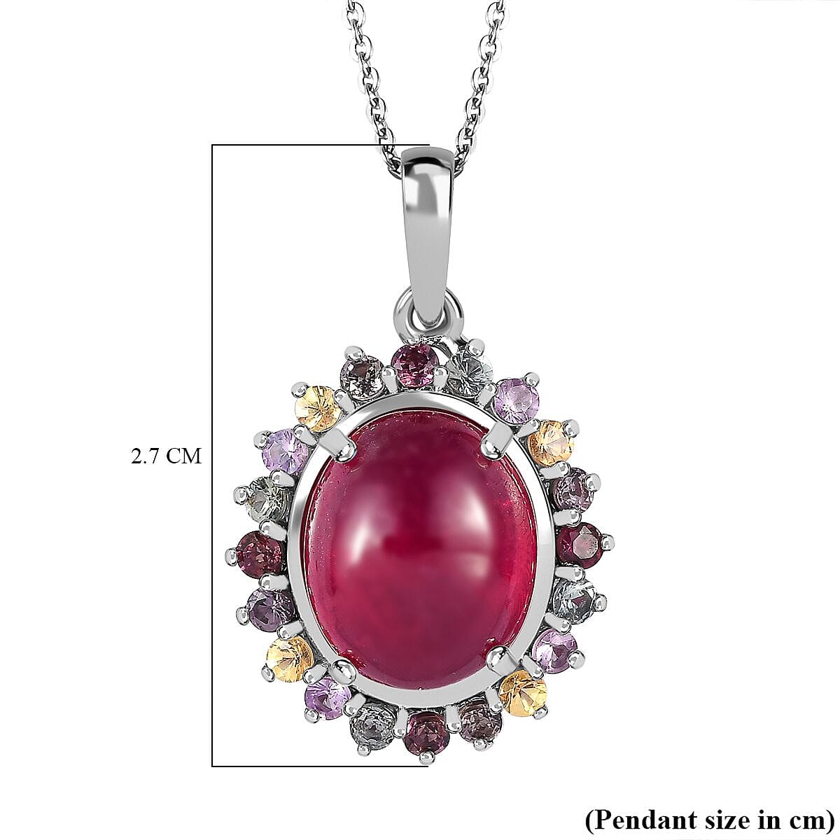 African Ruby & Multi Sapphire Halo Pendant With Chain (Size 20) in Platinum Overlay Sterling Silver 9.12 Ct