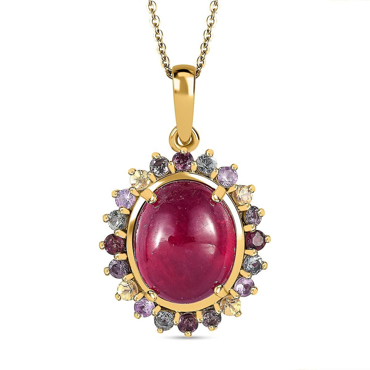 African Ruby & Multi Sapphire Halo Pendant With Chain (Size 20) in 18K Vermeil Yellow Gold Plated Sterling Silver 9.12 Ct
