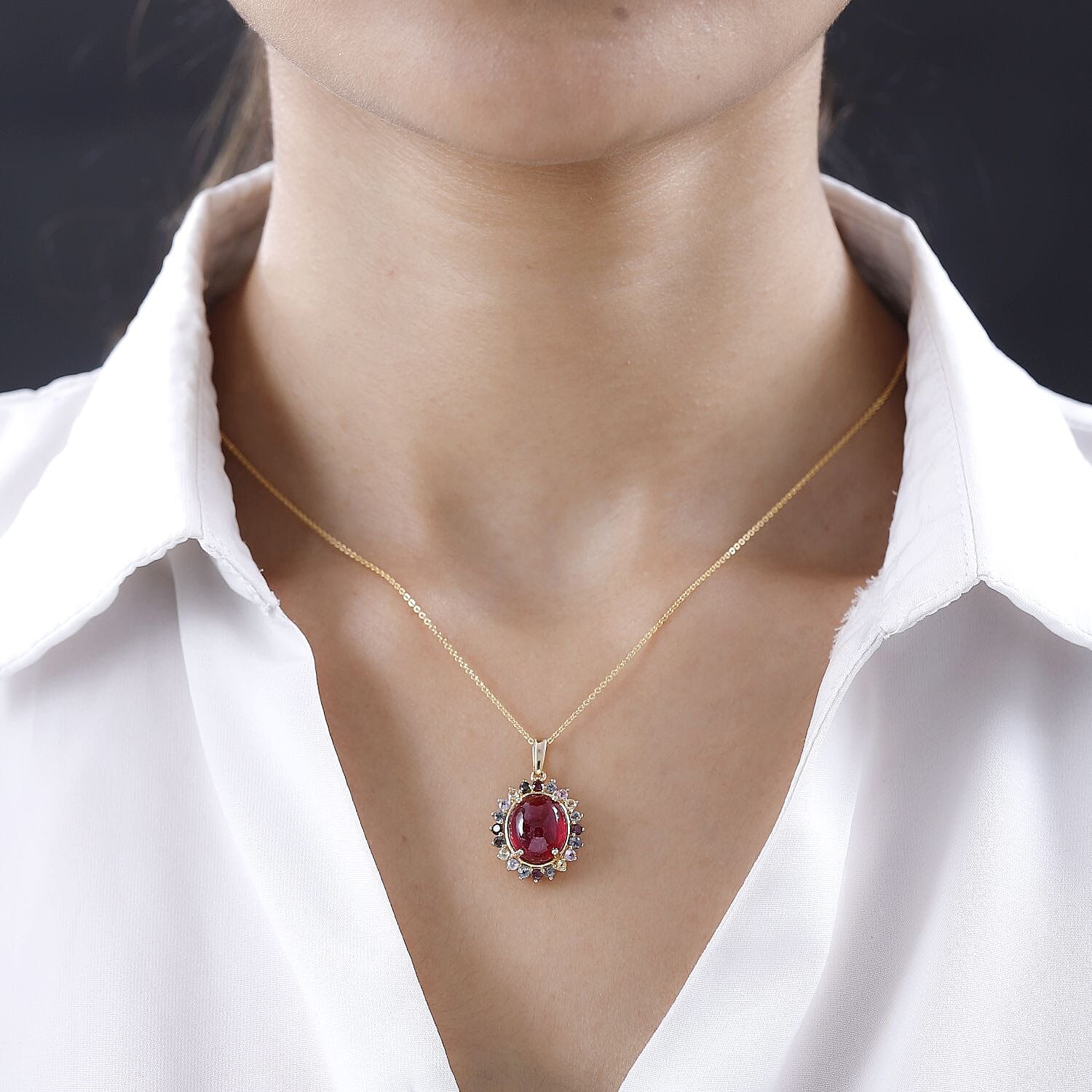 African Ruby & Multi Sapphire Halo Pendant With Chain (Size 20) in 18K Vermeil Yellow Gold Plated Sterling Silver 9.12 Ct