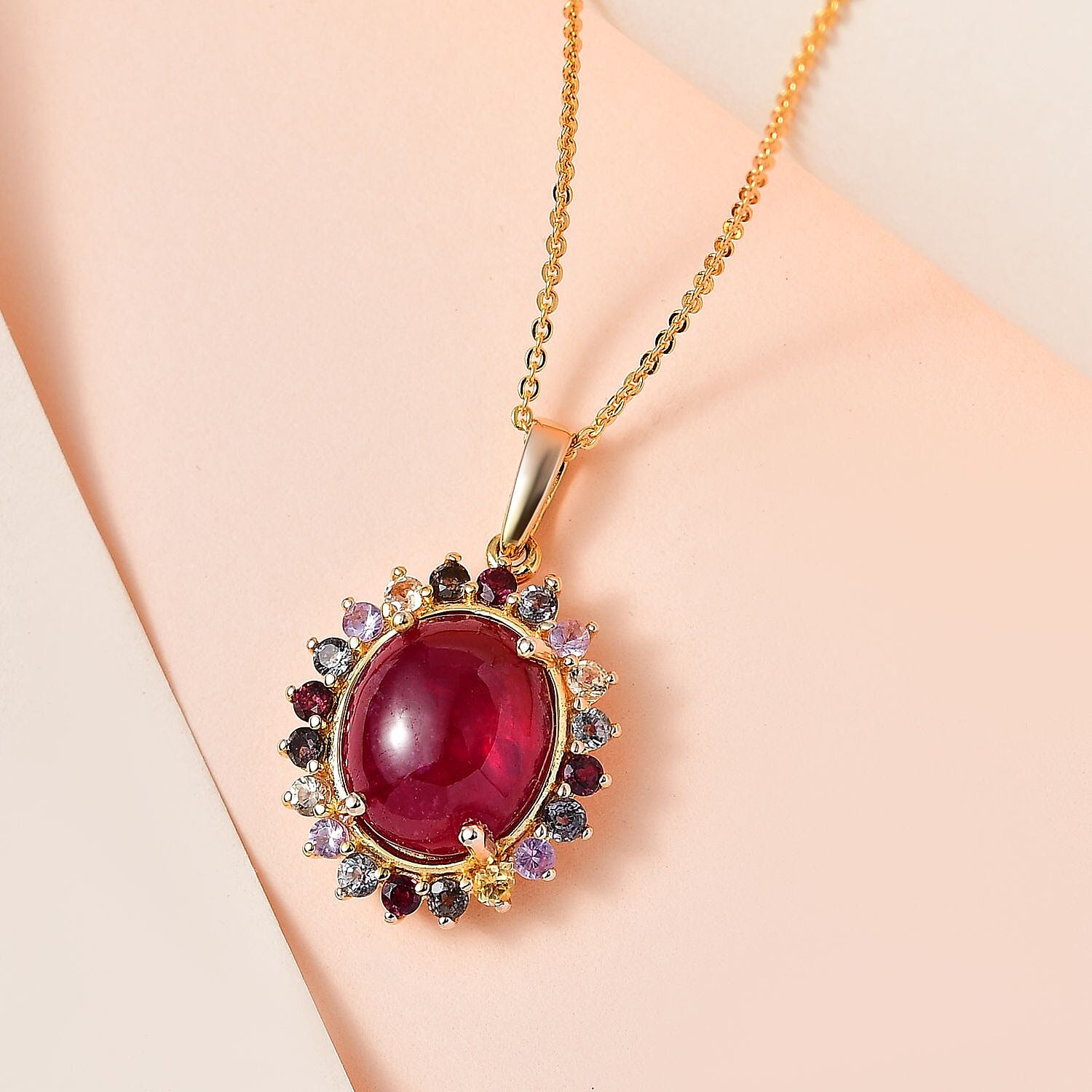 African Ruby & Multi Sapphire Halo Pendant With Chain (Size 20) in 18K Vermeil Yellow Gold Plated Sterling Silver 9.12 Ct