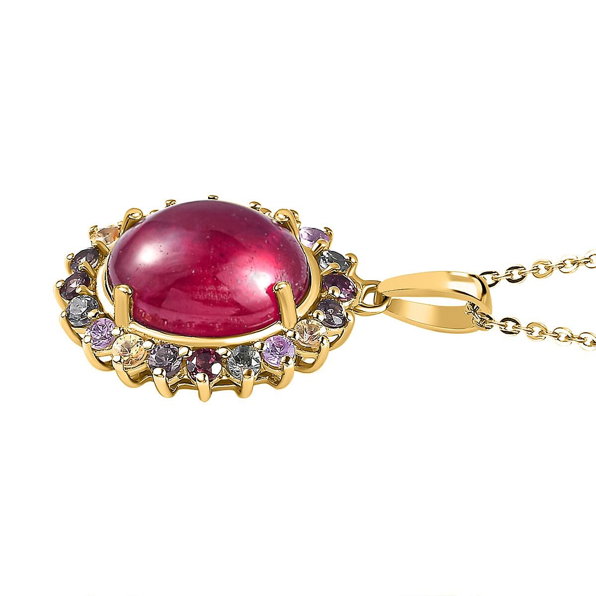African Ruby & Multi Sapphire Halo Pendant With Chain (Size 20) in 18K Vermeil Yellow Gold Plated Sterling Silver 9.12 Ct