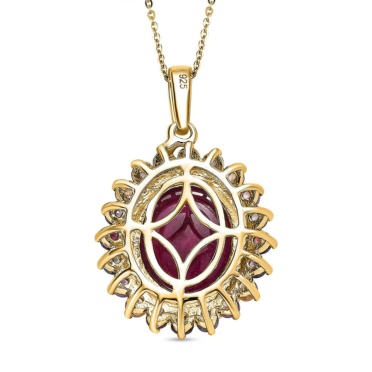 African Ruby & Multi Sapphire Halo Pendant With Chain (Size 20) in 18K Vermeil Yellow Gold Plated Sterling Silver 9.12 Ct