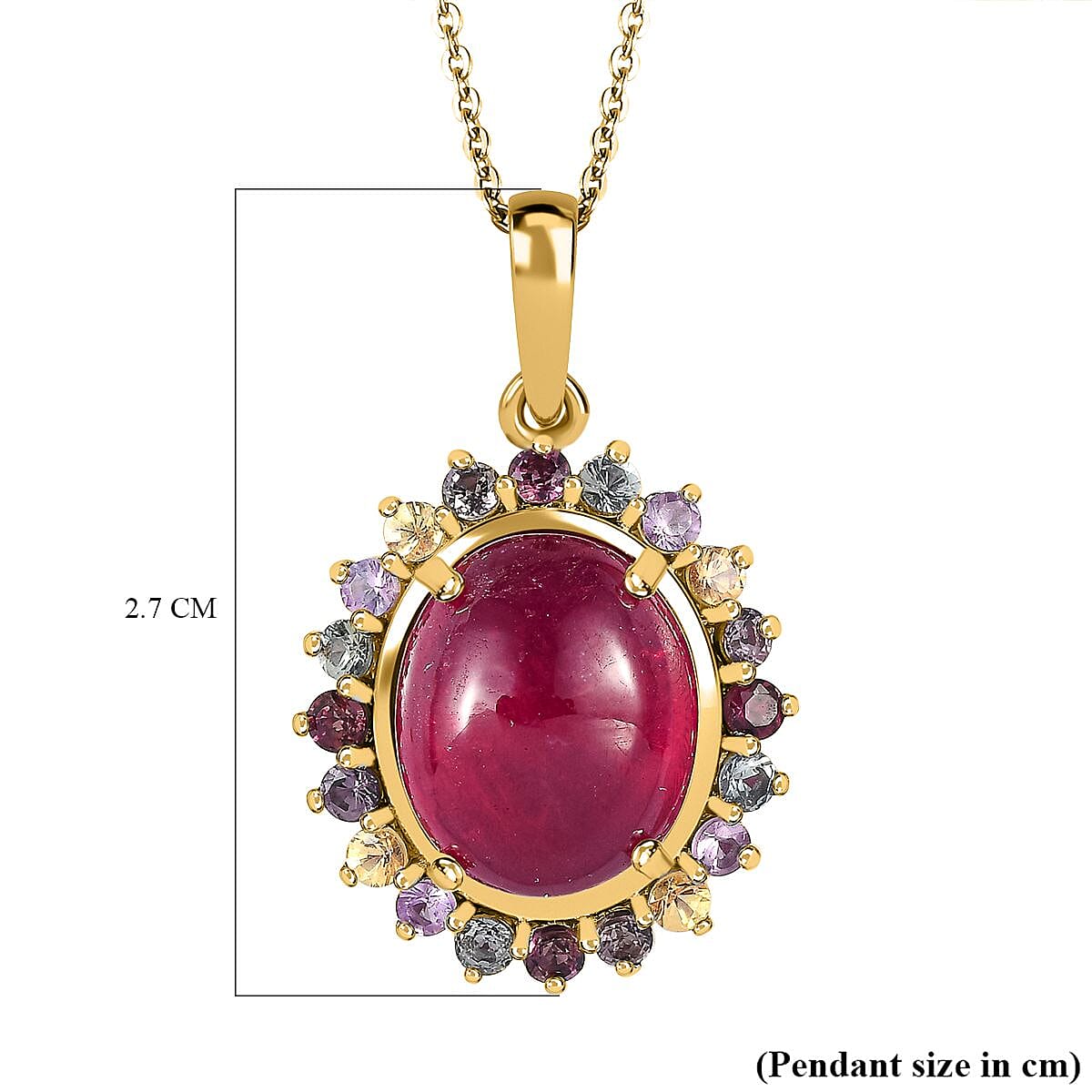 African Ruby & Multi Sapphire Halo Pendant With Chain (Size 20) in 18K Vermeil Yellow Gold Plated Sterling Silver 9.12 Ct