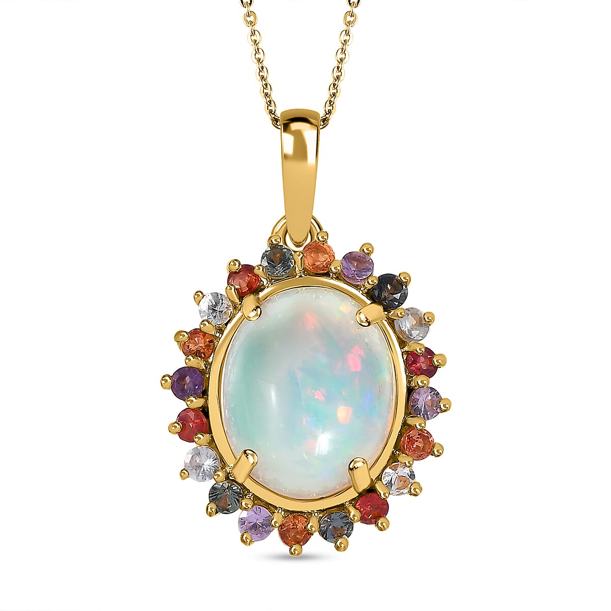Ethiopian Welo Opal & Multi Sapphire Pendant with Chain (Size 20) in 18K Yellow Gold Vermeil Plated Sterling Silver 4.154 Ct