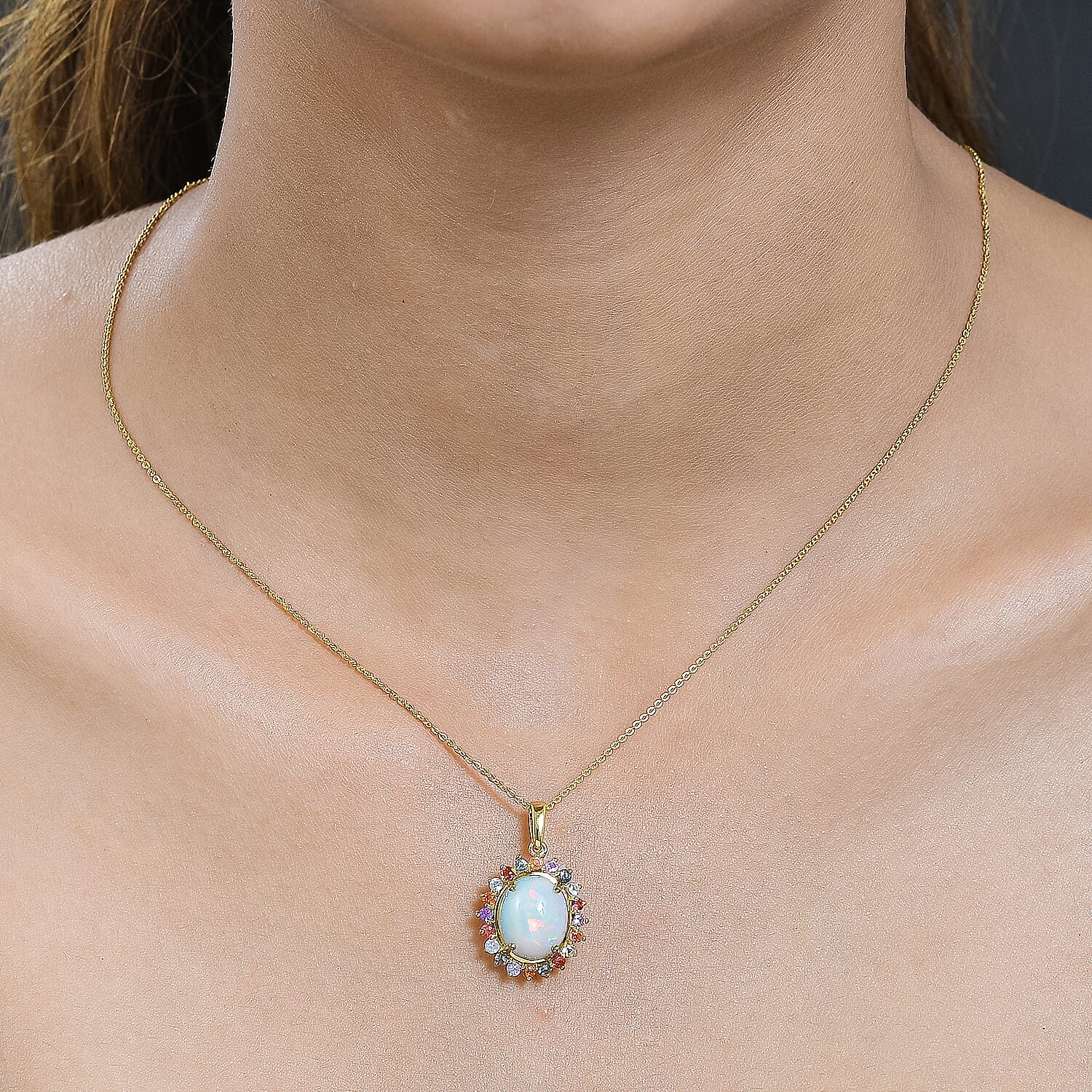 Ethiopian Welo Opal & Multi Sapphire Pendant with Chain (Size 20) in 18K Yellow Gold Vermeil Plated Sterling Silver 4.154 Ct