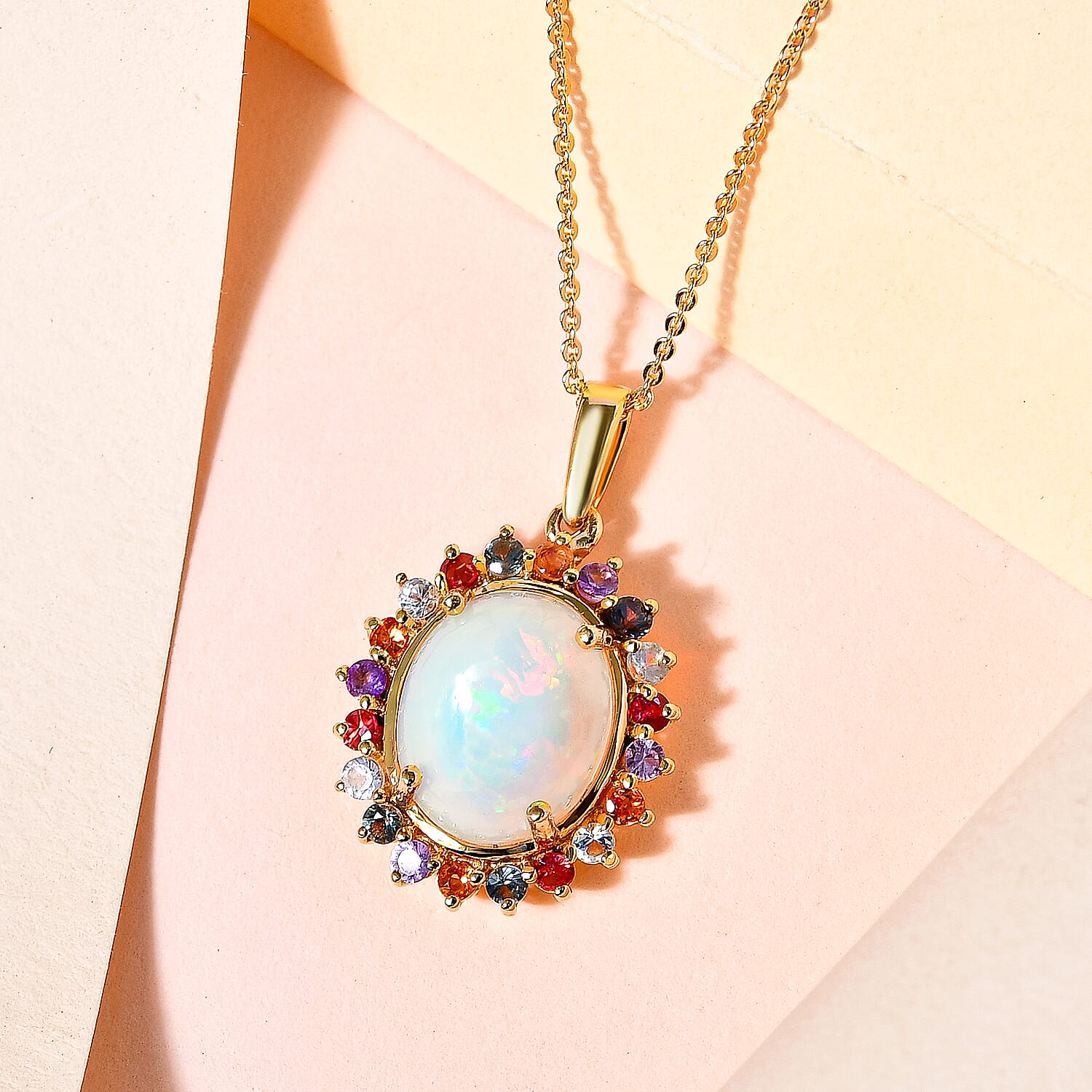 Ethiopian Welo Opal & Multi Sapphire Pendant with Chain (Size 20) in 18K Yellow Gold Vermeil Plated Sterling Silver 4.154 Ct
