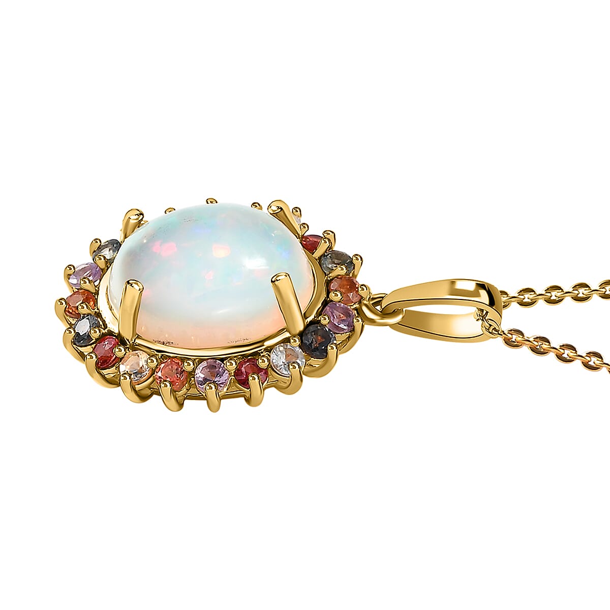 Ethiopian Welo Opal & Multi Sapphire Pendant with Chain (Size 20) in 18K Yellow Gold Vermeil Plated Sterling Silver 4.154 Ct
