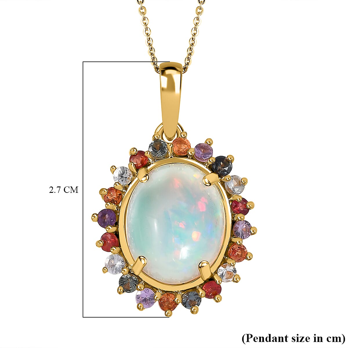Ethiopian Welo Opal & Multi Sapphire Pendant with Chain (Size 20) in 18K Yellow Gold Vermeil Plated Sterling Silver 4.154 Ct