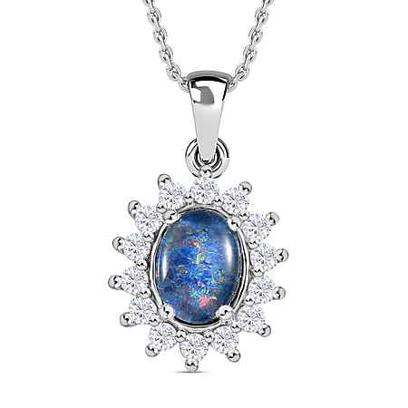 Boulder Opal Triplet, White Zircon Halo Pendant with Chain (Size 20) in Platinum Overlay Sterling Silver 0.56 ct 1.510 Ct.