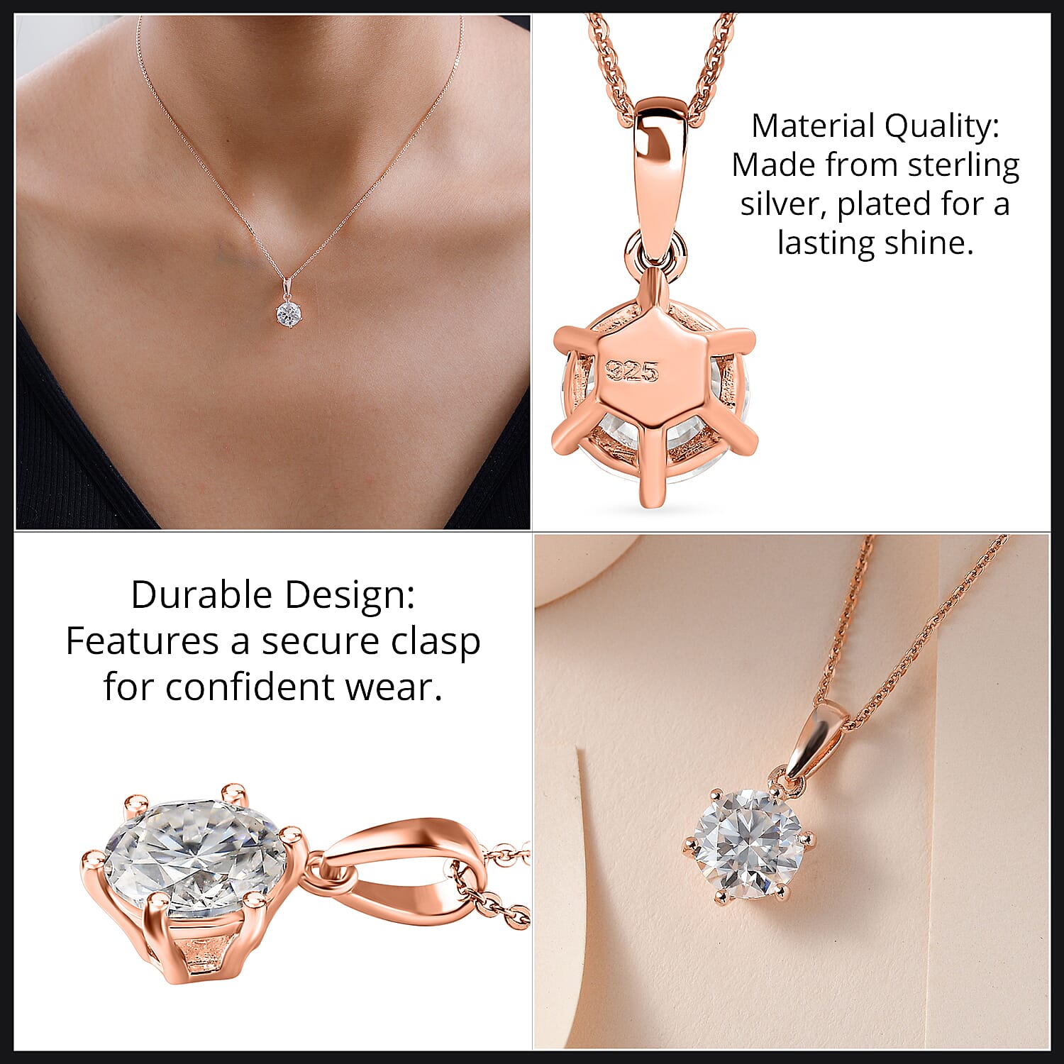 Moissanite Pendant with Chain (Size 20) in 18K Vermeil Rose Gold Plated Sterling Silver 1.75 Ct.