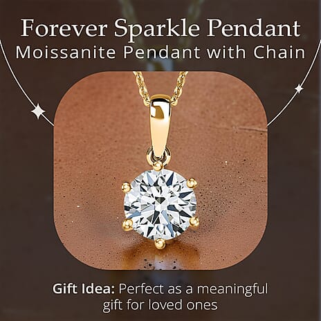 D'Joy Moissanite Solitaire Pendant with Chain (Size 20) in 18K Vermeil Yellow Gold Plated Sterling Silver 1.79 Ct.