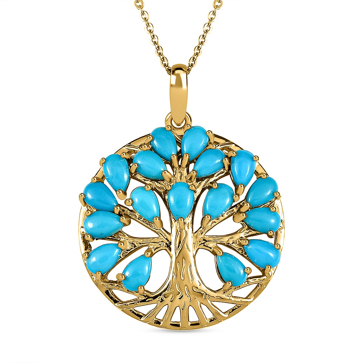 Arizona Sleeping Beauty Turquoise Tree of Life Pendant with Chain (Size 20) in 18K Yellow Gold Vermeil Plated Sterling Silver 3.37 Ct, Silver Wt. 6.68 Gms