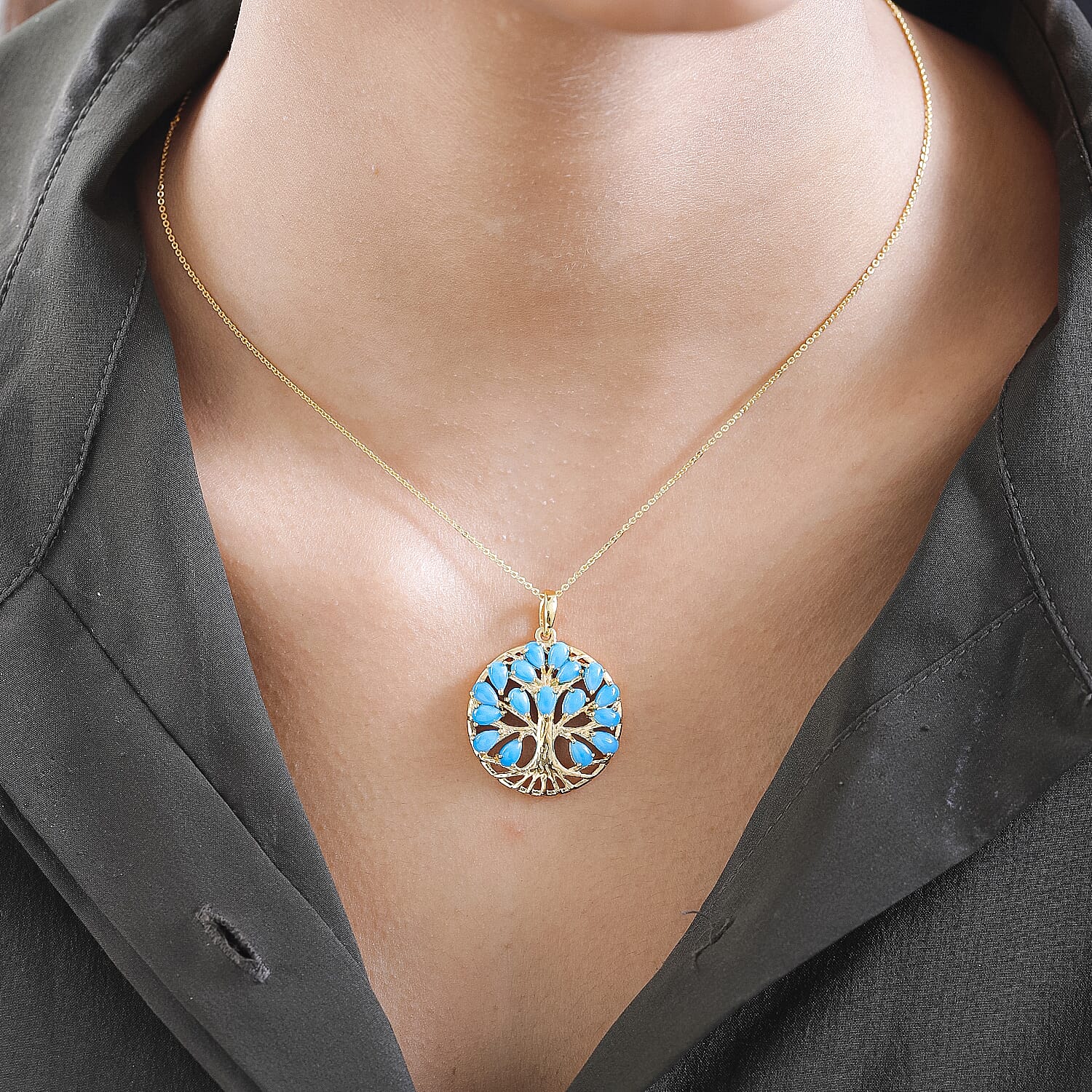 Arizona Sleeping Beauty Turquoise Tree of Life Pendant with Chain (Size 20) in 18K Yellow Gold Vermeil Plated Sterling Silver 3.37 Ct, Silver Wt. 6.68 Gms