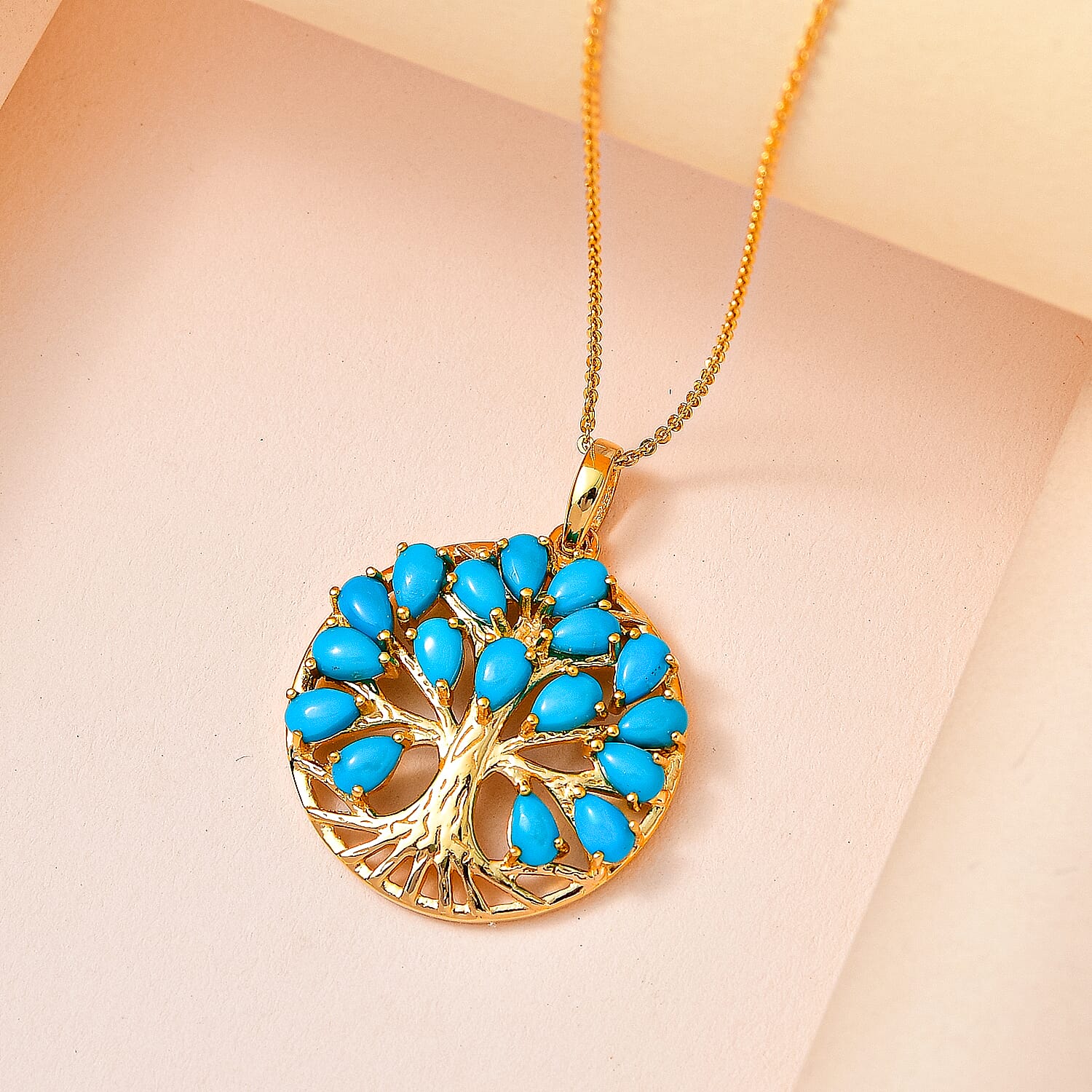 Arizona Sleeping Beauty Turquoise Tree of Life Pendant with Chain (Size 20) in 18K Yellow Gold Vermeil Plated Sterling Silver 3.37 Ct, Silver Wt. 6.68 Gms