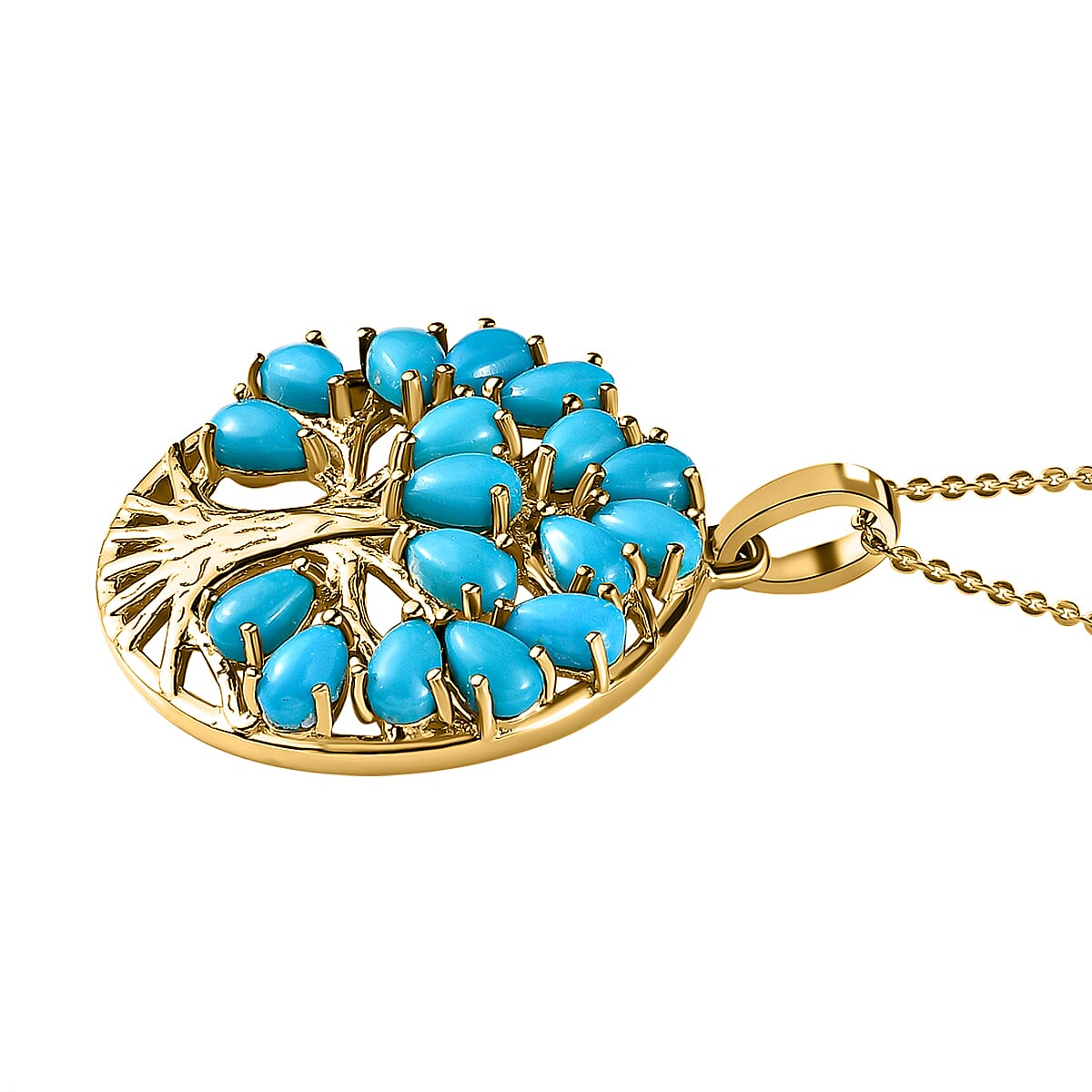 Arizona Sleeping Beauty Turquoise Tree of Life Pendant with Chain (Size 20) in 18K Yellow Gold Vermeil Plated Sterling Silver 3.37 Ct, Silver Wt. 6.68 Gms