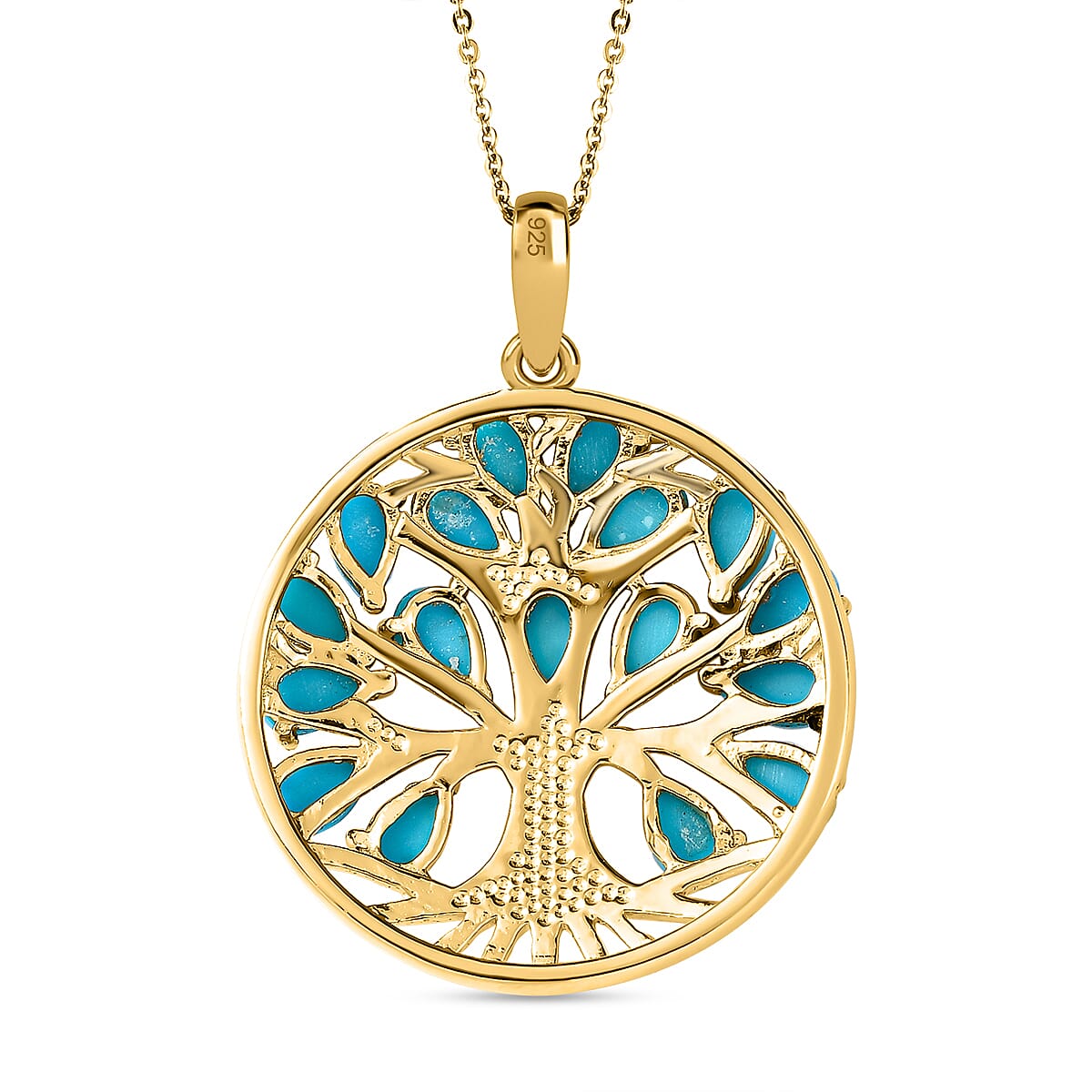 Arizona Sleeping Beauty Turquoise Tree of Life Pendant with Chain (Size 20) in 18K Yellow Gold Vermeil Plated Sterling Silver 3.37 Ct, Silver Wt. 6.68 Gms