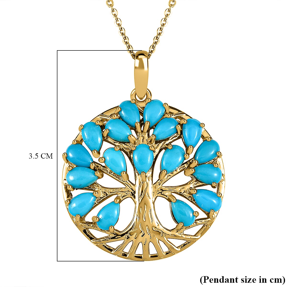 Arizona Sleeping Beauty Turquoise Tree of Life Pendant with Chain (Size 20) in 18K Yellow Gold Vermeil Plated Sterling Silver 3.37 Ct, Silver Wt. 6.68 Gms