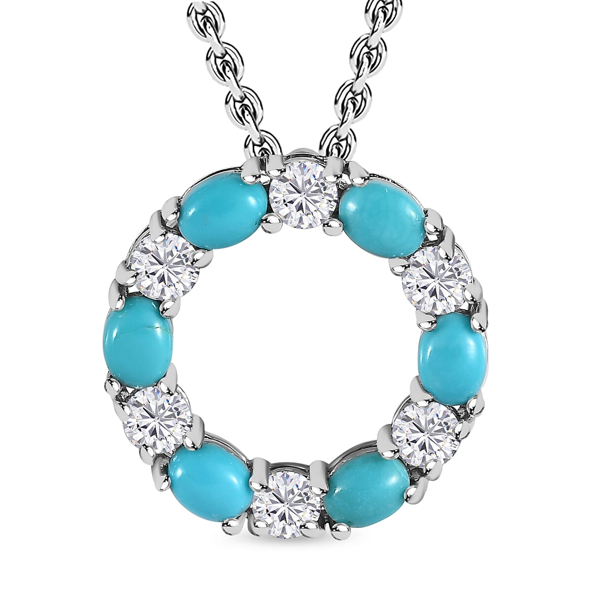 Arizona Sleeping Beauty Turquoise and Natural Zircon Circle Pendant with Chain (Size 20) in Platinum Overlay Sterling Silver 2.42 Ct.