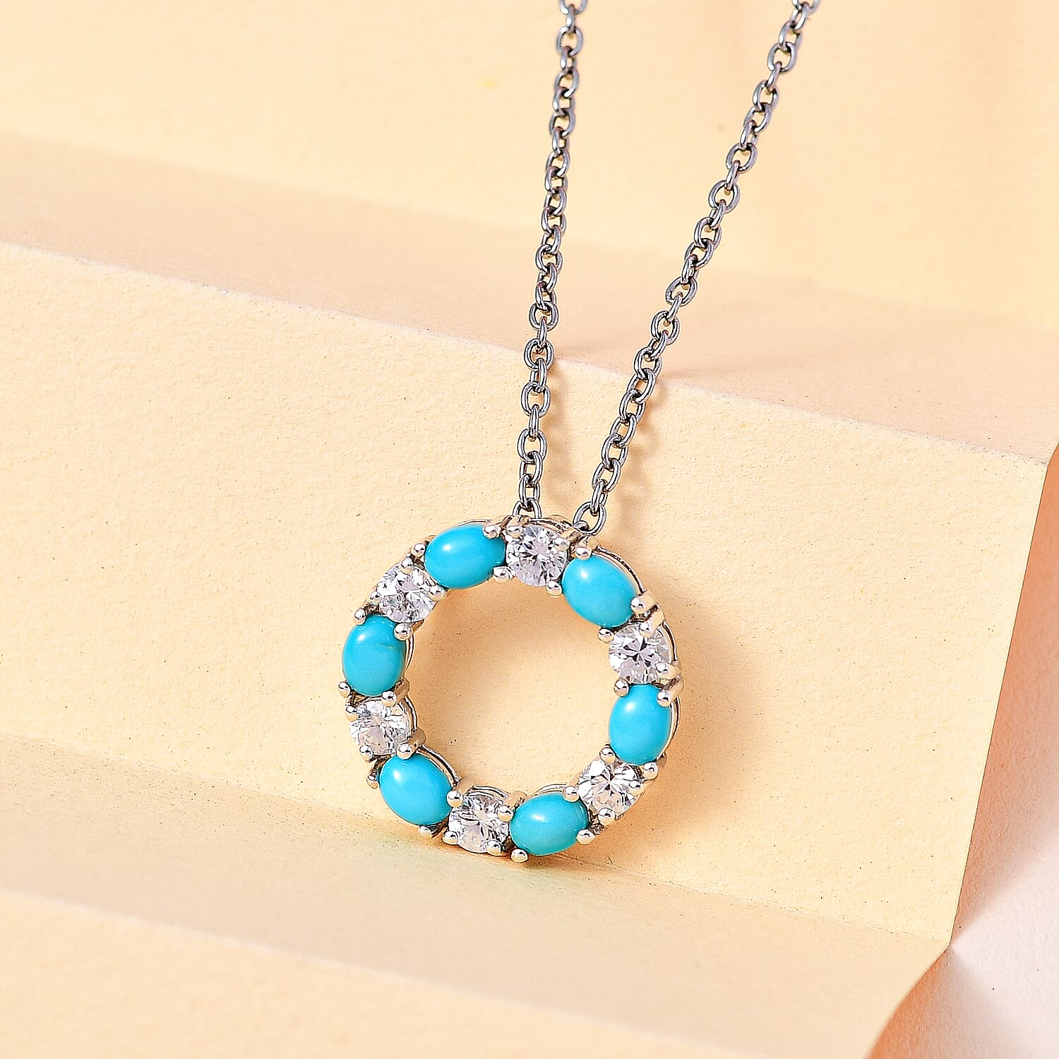 Arizona Sleeping Beauty Turquoise and Natural Zircon Circle Pendant with Chain (Size 20) in Platinum Overlay Sterling Silver 2.42 Ct.
