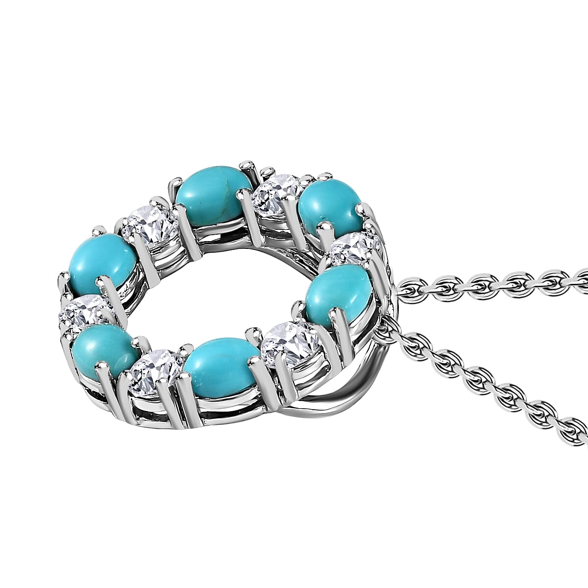 Arizona Sleeping Beauty Turquoise and Natural Zircon Circle Pendant with Chain (Size 20) in Platinum Overlay Sterling Silver 2.42 Ct.