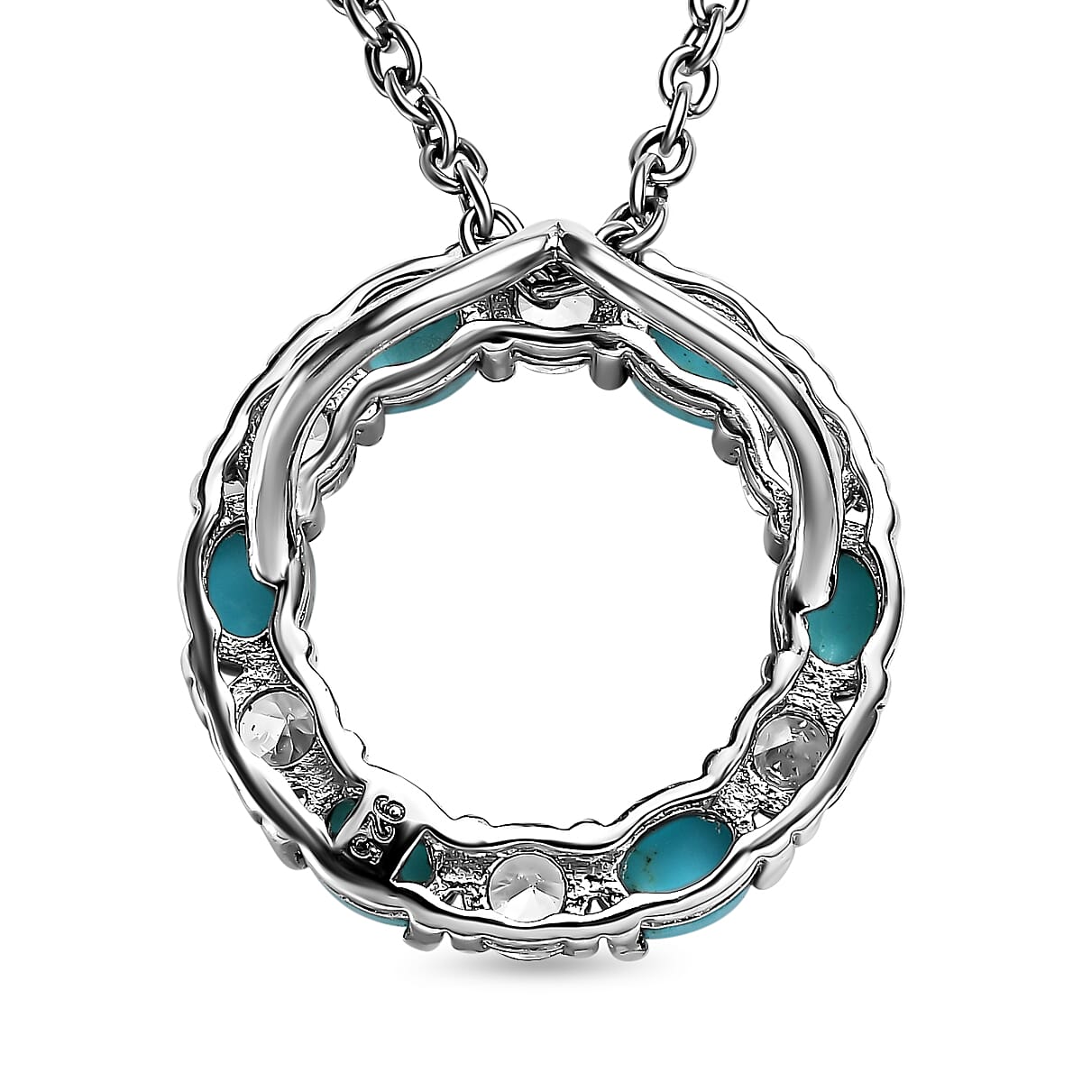 Arizona Sleeping Beauty Turquoise and Natural Zircon Circle Pendant with Chain (Size 20) in Platinum Overlay Sterling Silver 2.42 Ct.