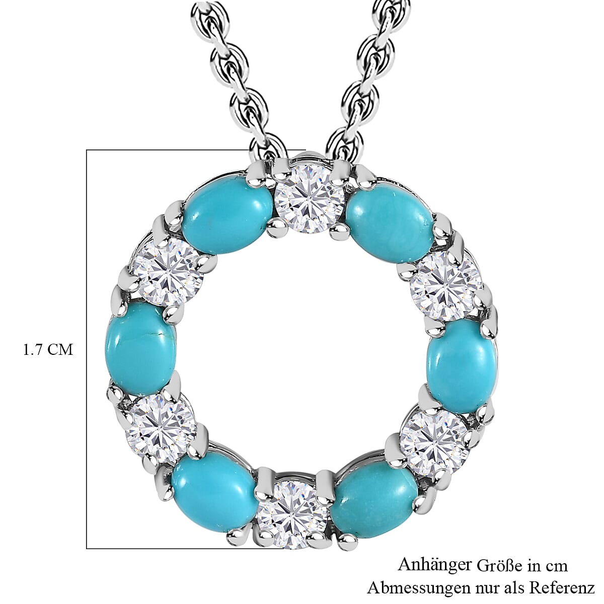 Arizona Sleeping Beauty Turquoise and Natural Zircon Circle Pendant with Chain (Size 20) in Platinum Overlay Sterling Silver 2.42 Ct.