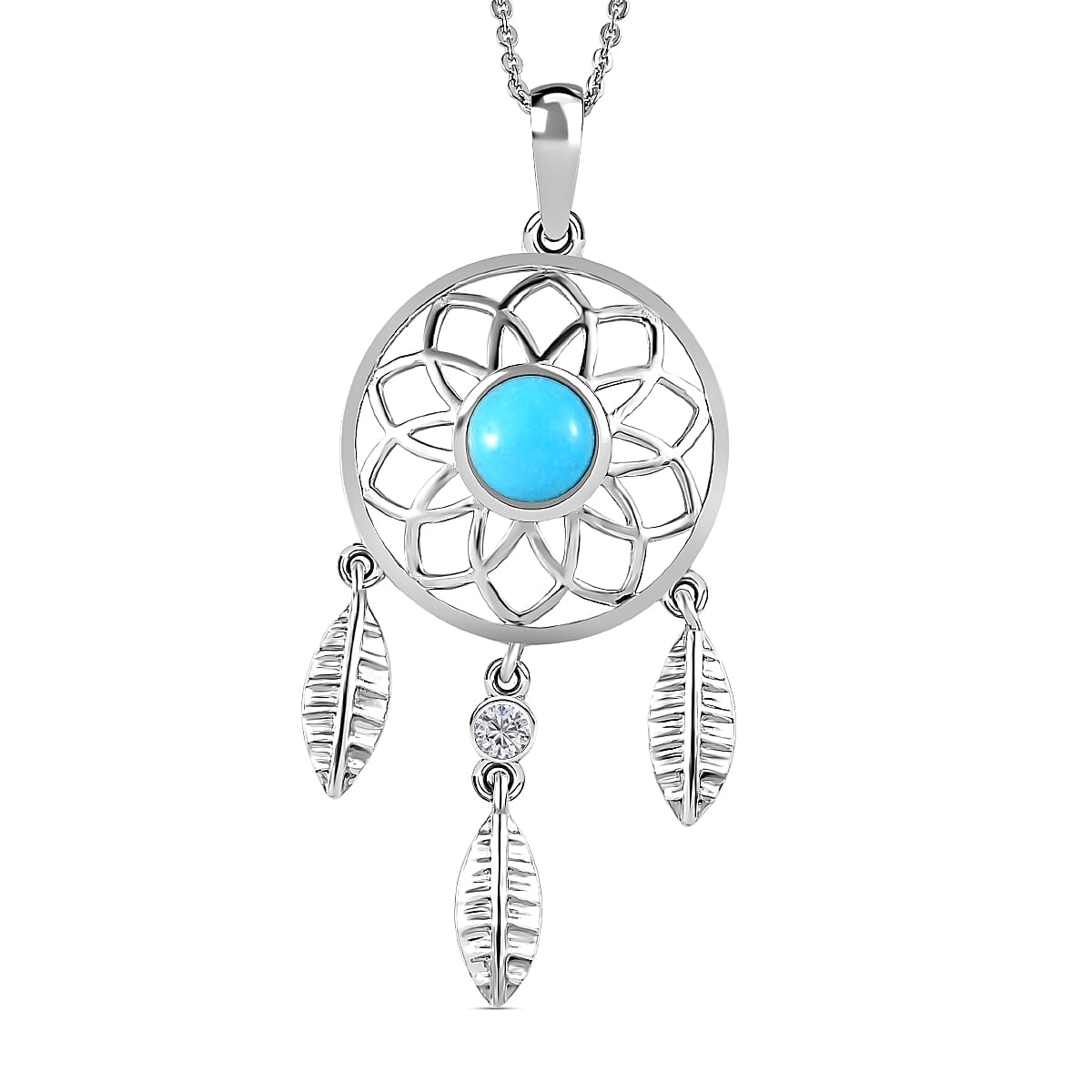 Arizona Sleeping Beauty Turquoise and Natural Zircon Dream Catcher Pendant with Chain (Size 20) in Platinum Overlay Sterling Silver