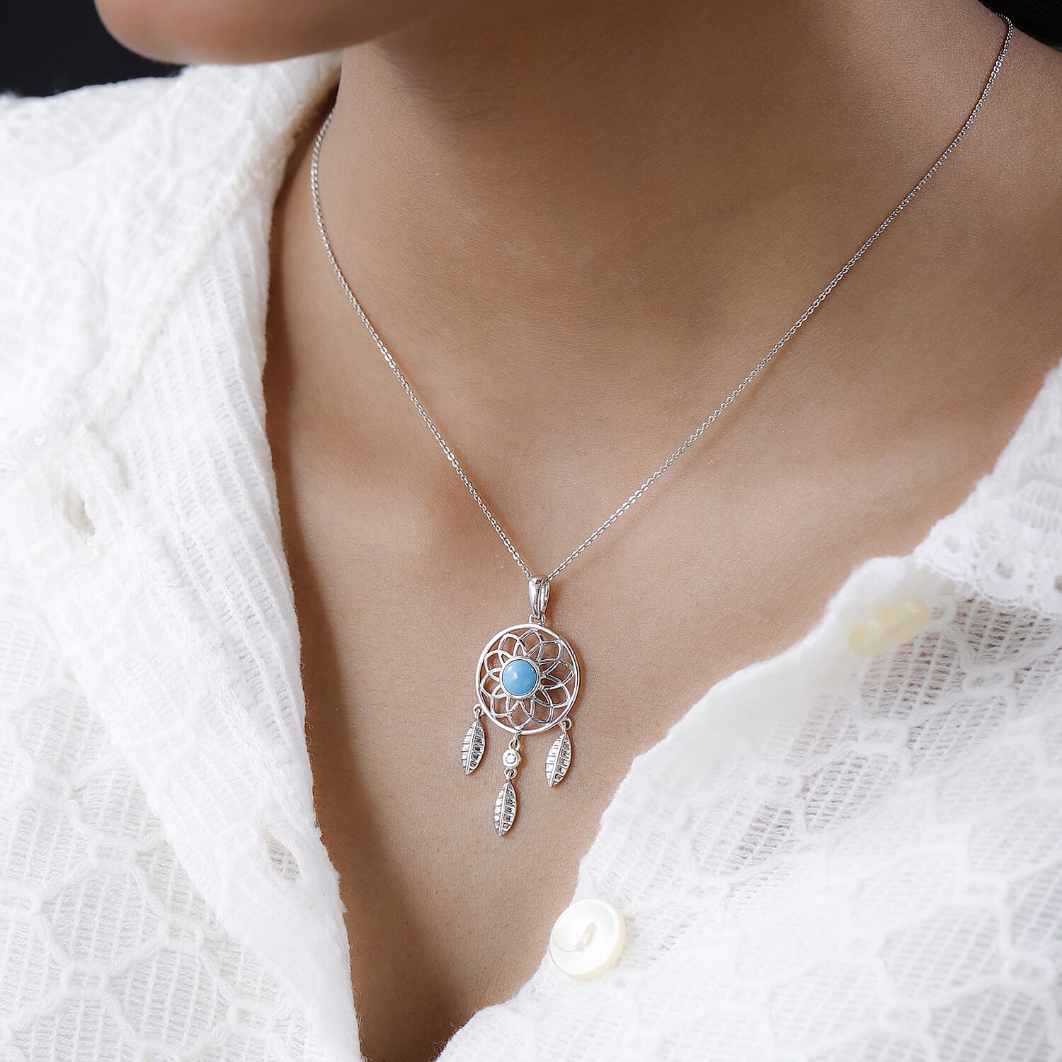 Arizona Sleeping Beauty Turquoise and Natural Zircon Dream Catcher Pendant with Chain (Size 20) in Platinum Overlay Sterling Silver