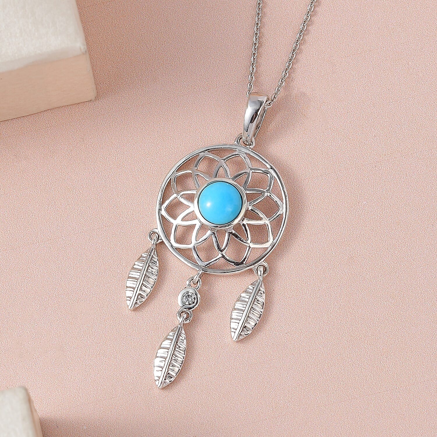 Arizona Sleeping Beauty Turquoise and Natural Zircon Dream Catcher Pendant with Chain (Size 20) in Platinum Overlay Sterling Silver