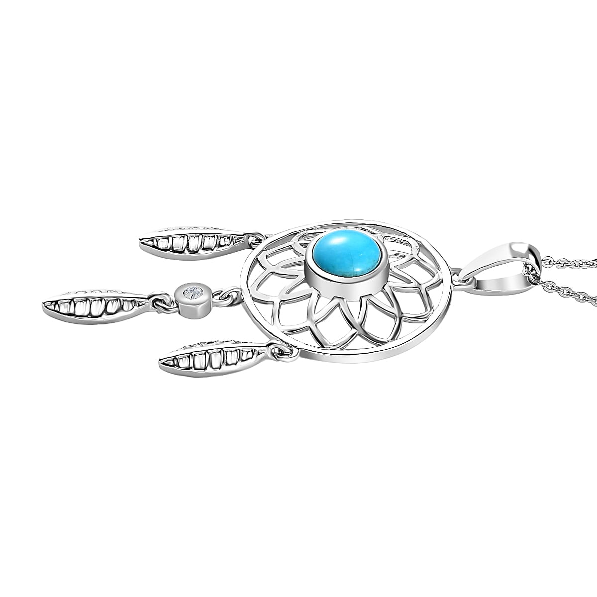 Arizona Sleeping Beauty Turquoise and Natural Zircon Dream Catcher Pendant with Chain (Size 20) in Platinum Overlay Sterling Silver
