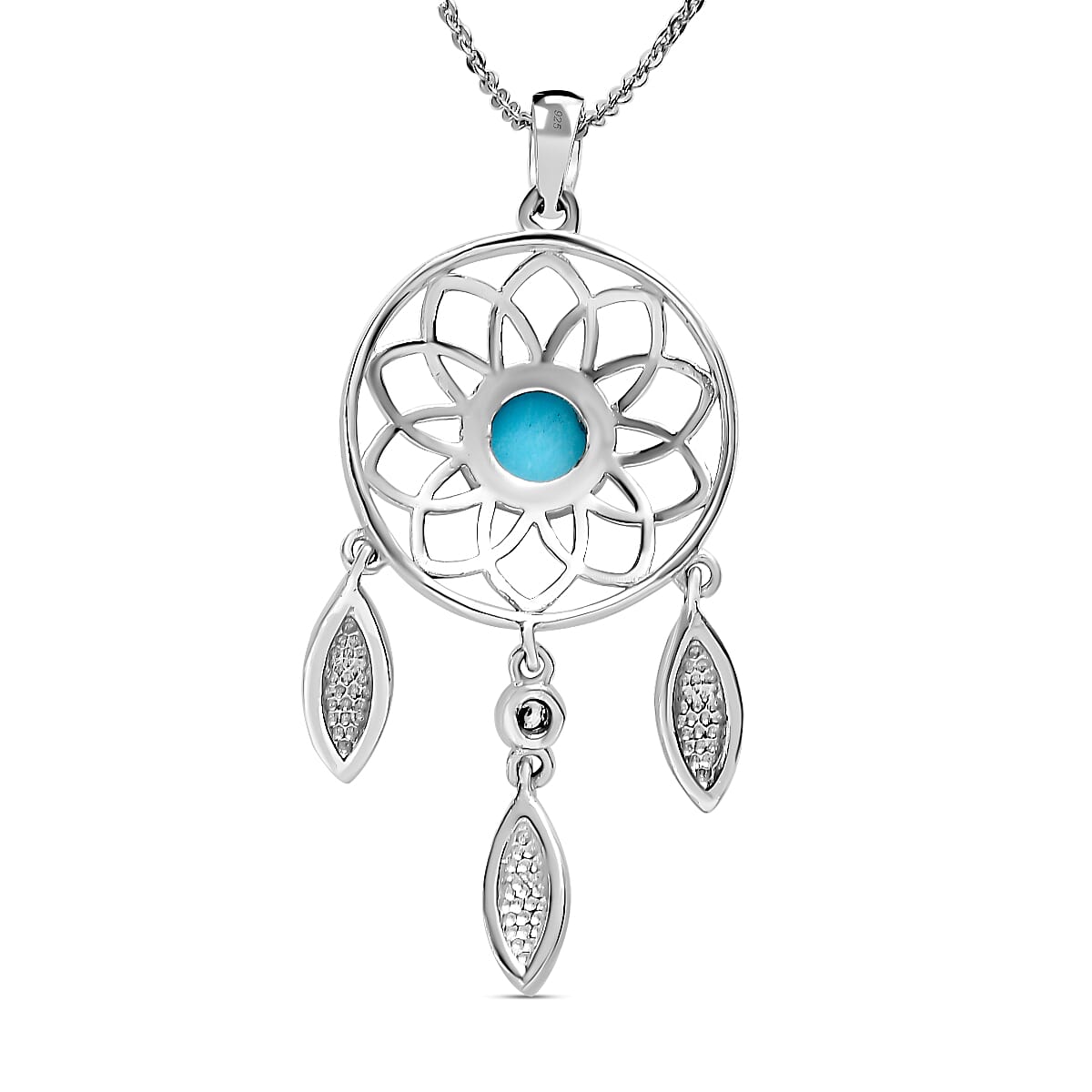 Arizona Sleeping Beauty Turquoise and Natural Zircon Dream Catcher Pendant with Chain (Size 20) in Platinum Overlay Sterling Silver