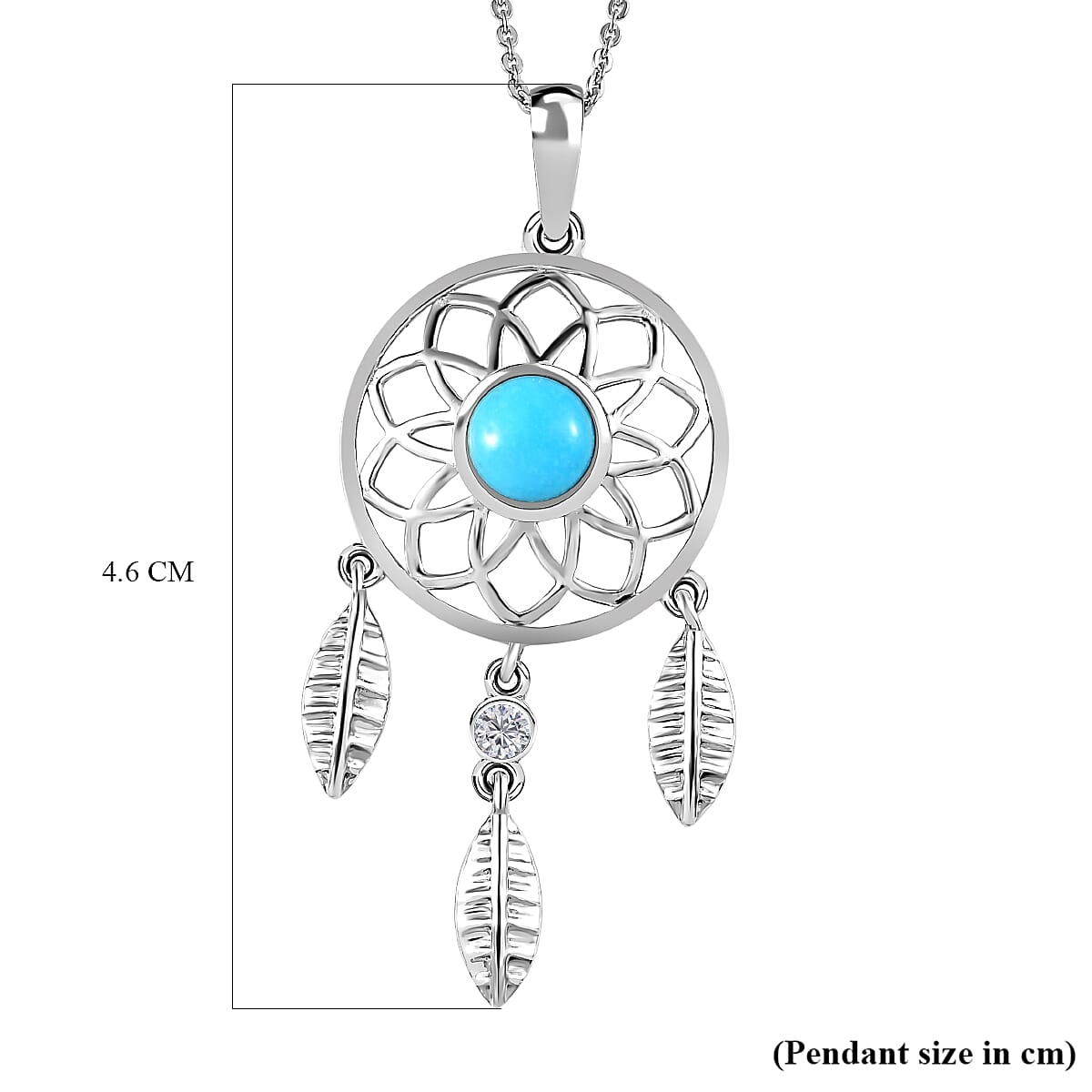 Arizona Sleeping Beauty Turquoise and Natural Zircon Dream Catcher Pendant with Chain (Size 20) in Platinum Overlay Sterling Silver