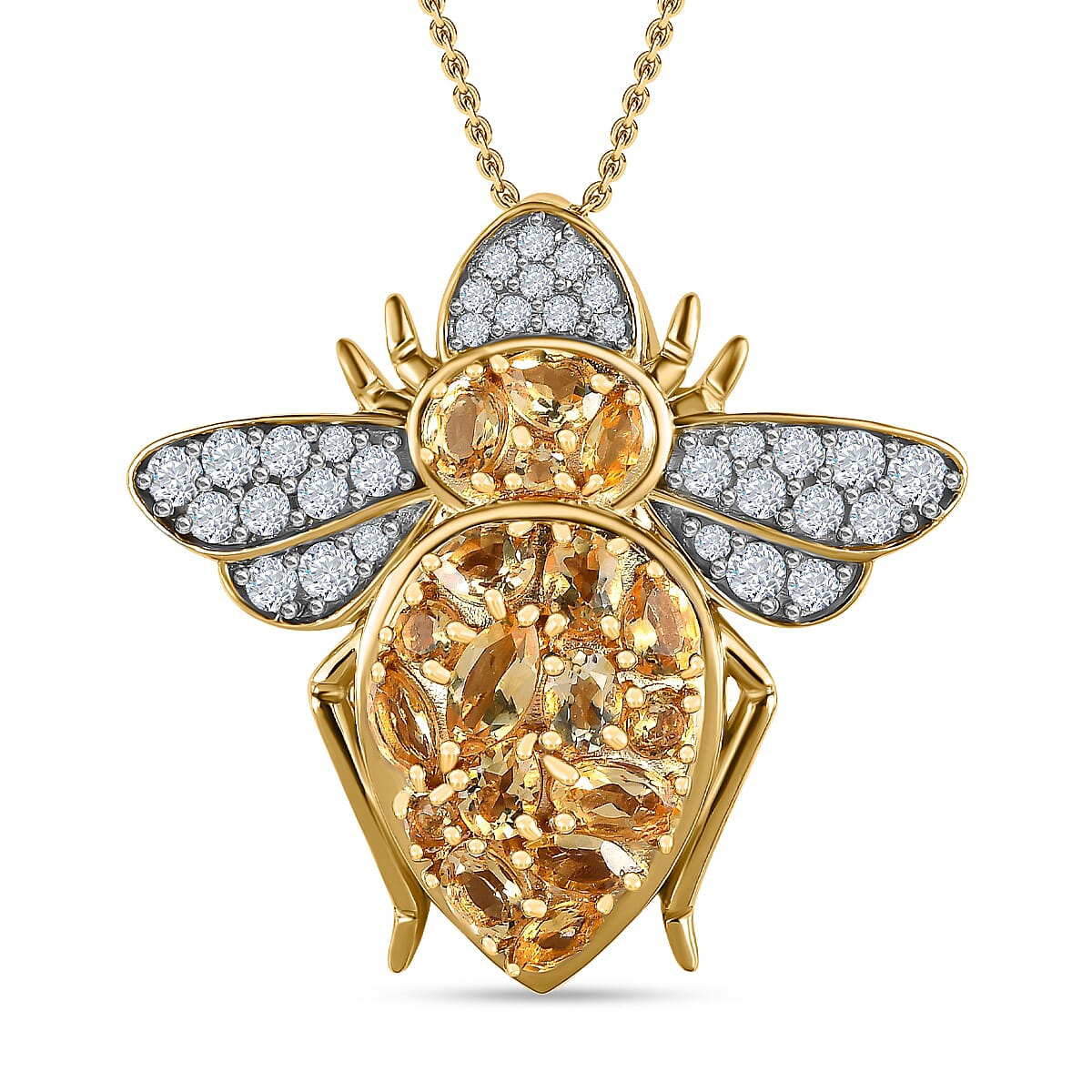 GP- Italian Garden Collection - Citrine and Natural Zircon Bee Pendant with Chain (Size 20) in 18K YG Vermeil Plated Sterling Silver 3.12 Ct, Silver Wt. 8.28 Gms.