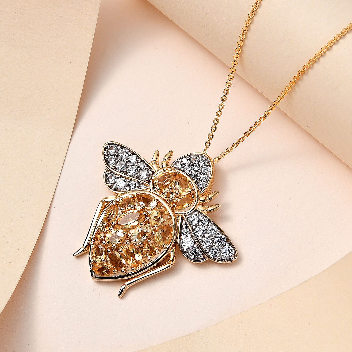 GP- Italian Garden Collection - Citrine and Natural Zircon Bee Pendant with Chain (Size 20) in 18K YG Vermeil Plated Sterling Silver 3.12 Ct, Silver Wt. 8.28 Gms.
