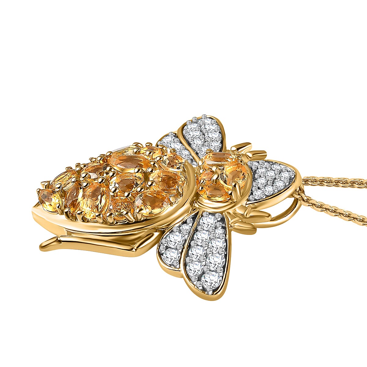 GP- Italian Garden Collection - Citrine and Natural Zircon Bee Pendant with Chain (Size 20) in 18K YG Vermeil Plated Sterling Silver 3.12 Ct, Silver Wt. 8.28 Gms.