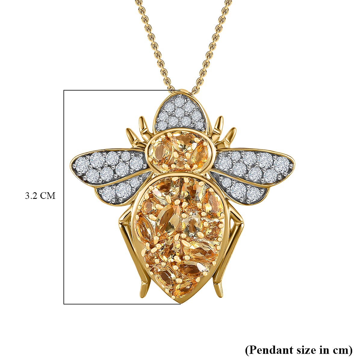GP- Italian Garden Collection - Citrine and Natural Zircon Bee Pendant with Chain (Size 20) in 18K YG Vermeil Plated Sterling Silver 3.12 Ct, Silver Wt. 8.28 Gms.
