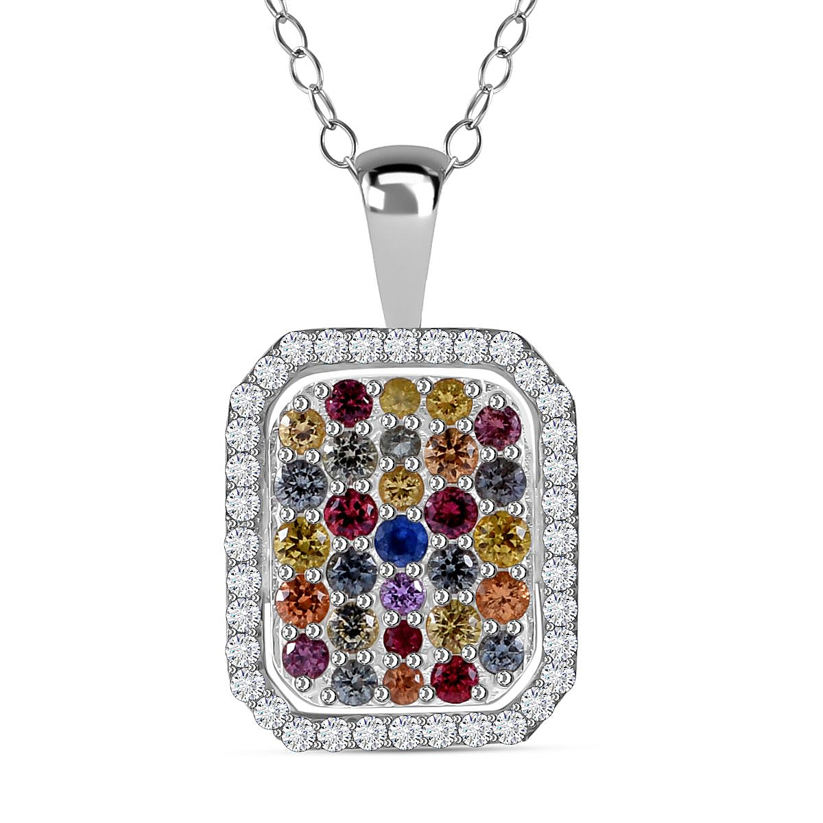 Multi Sapphire and Natural Zircon Halo Pendant with Chain (Size 20) in Platinum Overlay Sterling Silver 2.52 Ct