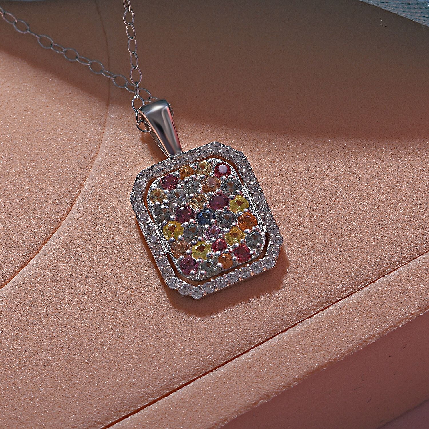 Multi Sapphire and Natural Zircon Halo Pendant with Chain (Size 20) in Platinum Overlay Sterling Silver 2.52 Ct