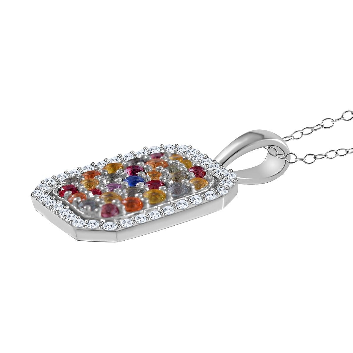 Multi Sapphire and Natural Zircon Halo Pendant with Chain (Size 20) in Platinum Overlay Sterling Silver 2.52 Ct