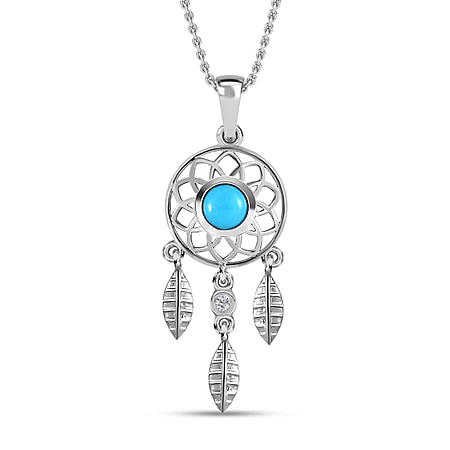 Arizona Sleeping Beauty Turquoise & Natural Zircon Dream Catcher Pendant with Chain (Size 20) in Platinum Overlay Sterling Silver