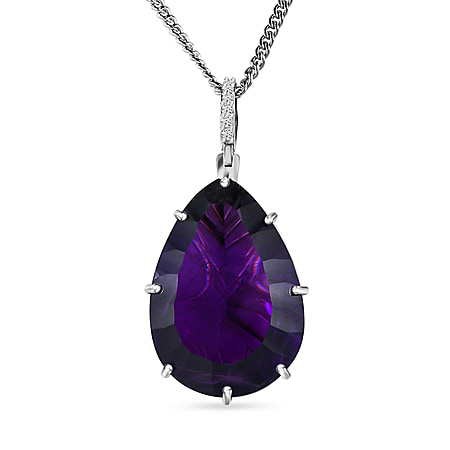 TJC Launch Concave Cut Amethyst & Moissanite Pendant with Chain (Size 20) in Platinum Overlay Sterling Silver 48.84 Ct