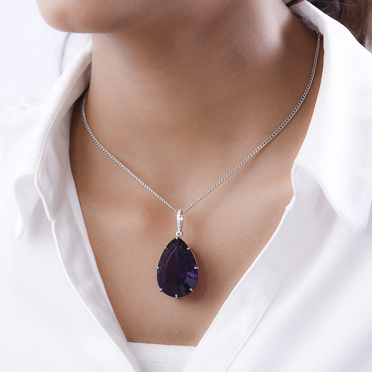 TJC Launch Concave Cut Amethyst & Moissanite Pendant with Chain (Size 20) in Platinum Overlay Sterling Silver 48.84 Ct