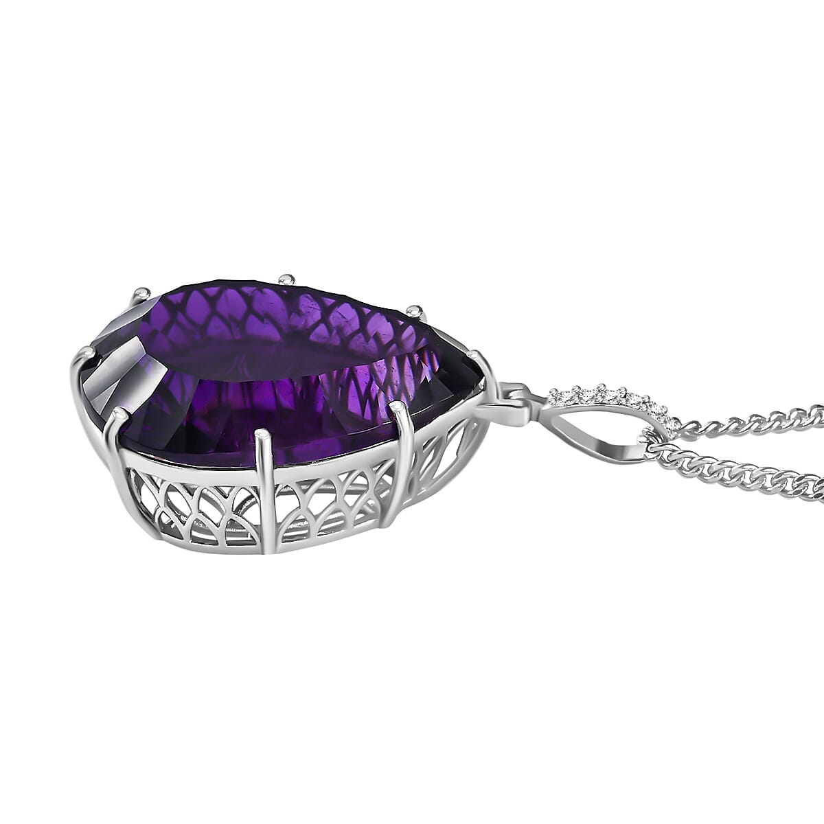TJC Launch Concave Cut Amethyst & Moissanite Pendant with Chain (Size 20) in Platinum Overlay Sterling Silver 48.84 Ct