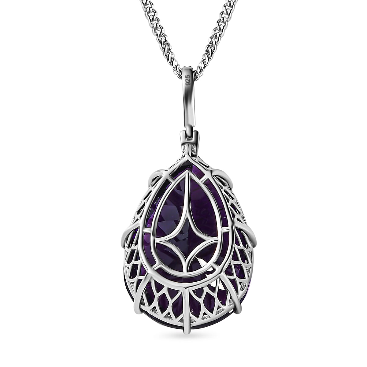 TJC Launch Concave Cut Amethyst & Moissanite Pendant with Chain (Size 20) in Platinum Overlay Sterling Silver 48.84 Ct
