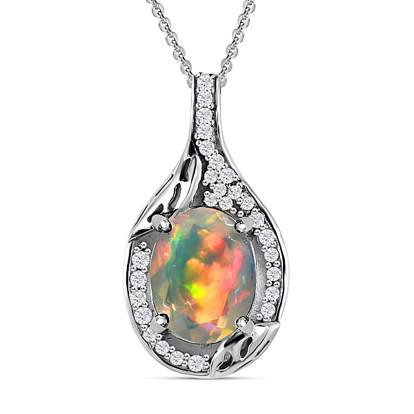 Ethiopian Welo Opal & Natural Zircon Pendant with Chain (Size 20) in ...